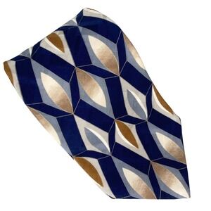 George Machado Silk Tie Mens Extra Long Blue Gold Grey‎ Geometric Diamond 62x4